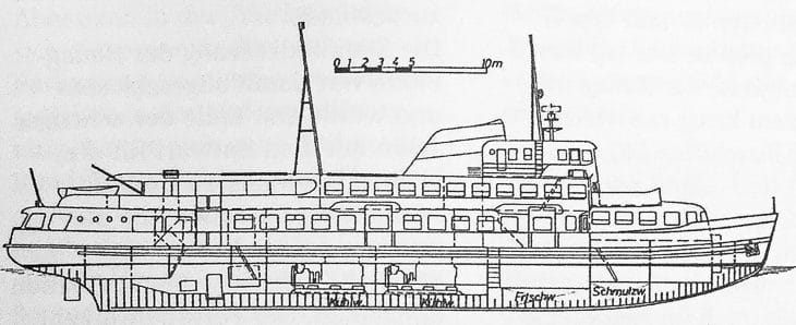 Bauplan: Zeichnung für ein Riesen-Typschiff der HADAG