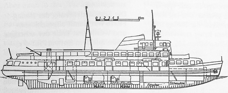 Bauplan: Zeichnung für ein Riesen-Typschiff der HADAG